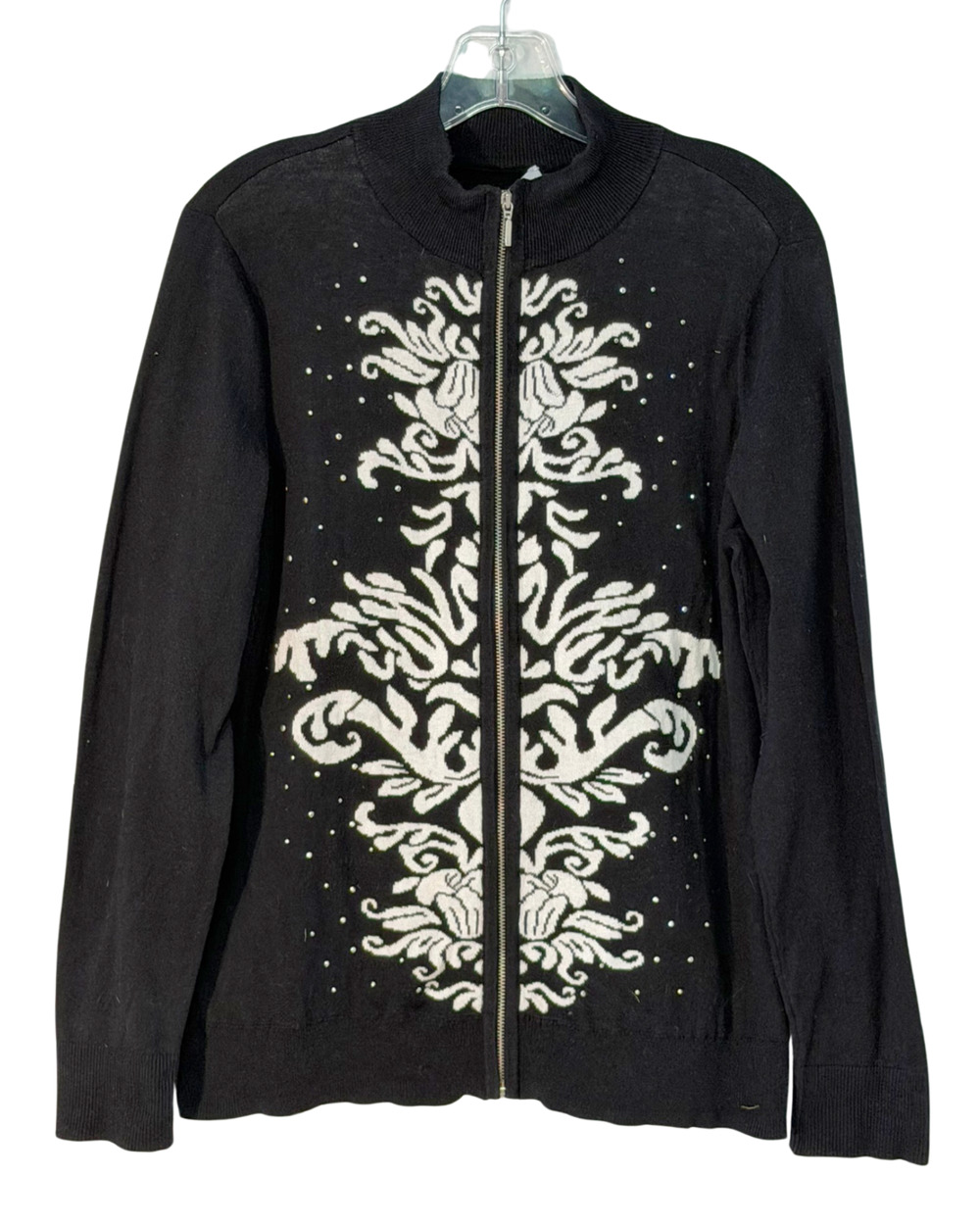 Chico's Zenergy Sz 1 (M) Zip-Up Cardigan B&W Paisley w/Rhinestones Cotton Knit